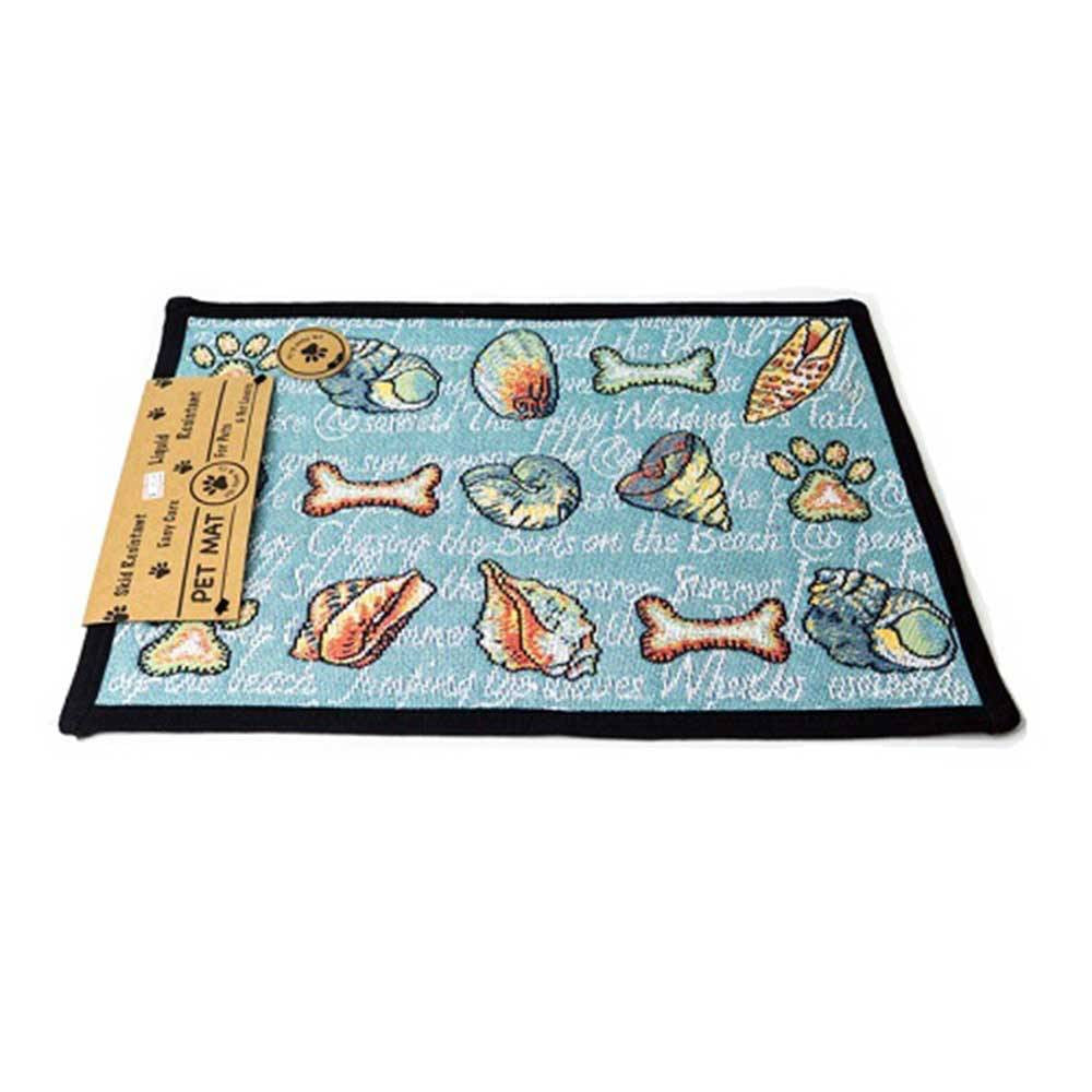 PB Paws & Co. Tapestry Pet Mat featuring Seashore Dogs pattern in Aegean Blue, showcasing its vibrant colors and design.
